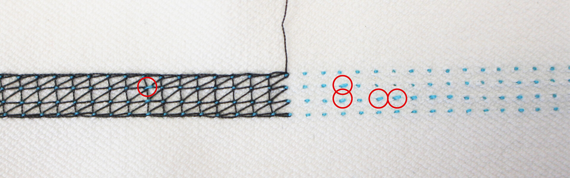 Needle thread loops tipping over on the bottom side of the seam for stitch type 607